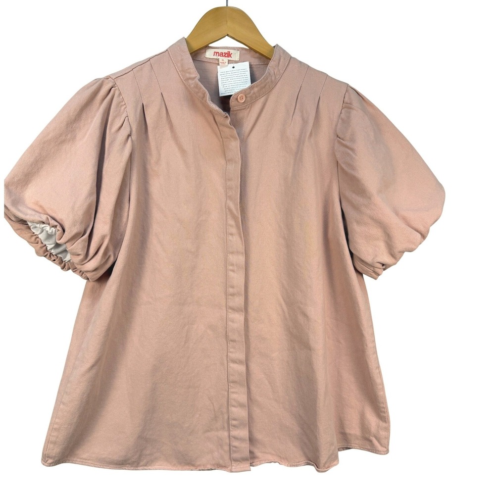 Mazik Womens XL Pink Cotton Puff Sleeve Band Collar Button Down Top MK7907X NEW